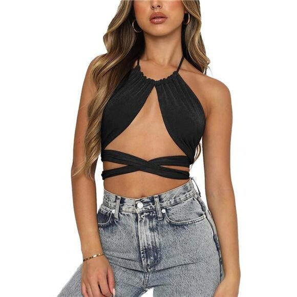 Black Multi Way Wrap Halter Crop Top Backless Sexy‎ Cutout Bandage Y2K Top - Picture 3 of 5